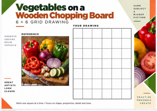 Vegetables on Chopping Board Grid Drawing Worksheet | 6x6 Still Life | KS3 KS4 Art