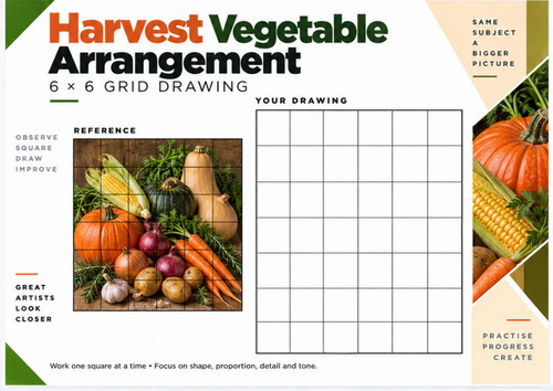Harvest Vegetables Grid Drawing Worksheet | Autumn Still Life 6x6 Drawing | KS3 KS4 Art