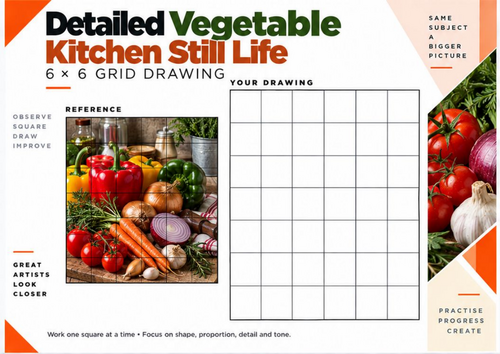 Kitchen Vegetable Still Life Grid Drawing Worksheet | Detailed 6x6 Art Challenge | KS3 KS4