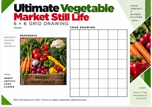Ultimate Vegetable Still Life Grid Drawing Worksheet | Advanced 6x6 Art Challenge | KS3 KS4