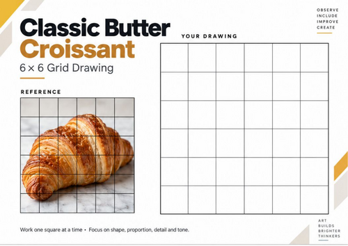 Classic Butter Croissant Grid Drawing Worksheet | KS3 & KS4 Art | Observational Drawing