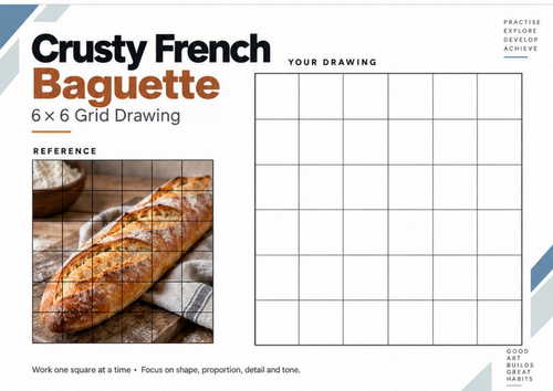 Crusty French Baguette Grid Drawing Worksheet | KS3 & KS4 Art | Food Drawing