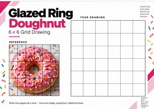 Glazed Ring Doughnut Grid Drawing Worksheet | KS3 & KS4 Art | Food Illustration