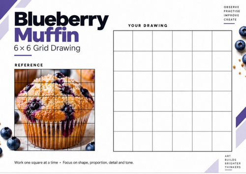 Blueberry Muffin Grid Drawing Worksheet | KS3 & KS4 Art | Observational Drawing