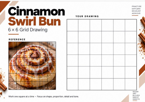 Cinnamon Swirl Bun Grid Drawing Worksheet | KS3 & KS4 Art | Tonal Drawing