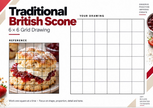 Traditional British Scone Grid Drawing Worksheet | KS3 & KS4 Art | Still Life