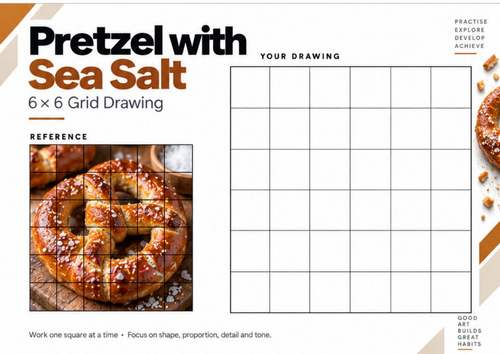 Pretzel with Sea Salt Grid Drawing Worksheet | KS3 & KS4 Art | Observational Drawing