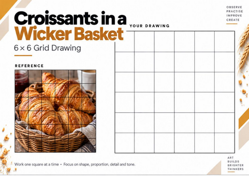 Croissants in a Wicker Basket Grid Drawing Worksheet | KS3 & KS4 Art | Still Life