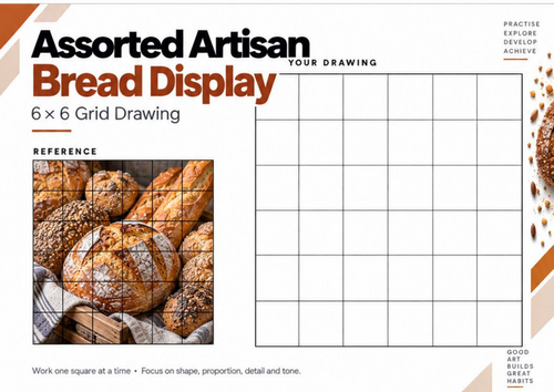 Challenge students with this Croissants in a Wicker Basket Grid Drawing Worksheet, featuring a photo