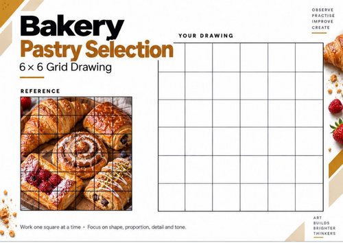 Bakery Pastry Selection Grid Drawing Worksheet | KS3 & KS4 Art | Food Still Life