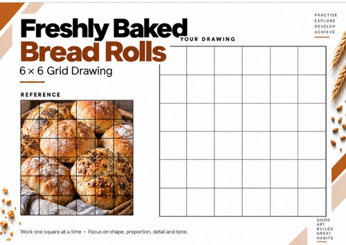 Freshly Baked Bread Rolls Grid Drawing Worksheet | KS3 & KS4 Art | Texture Drawing