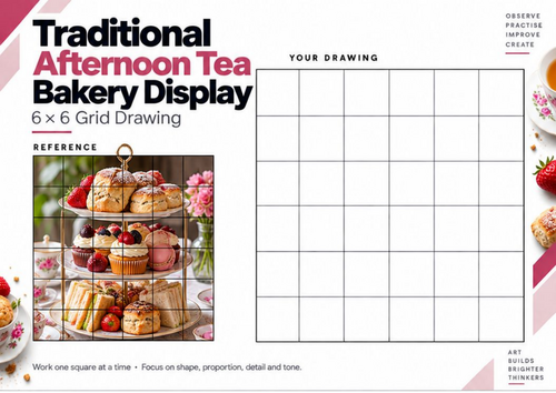 Afternoon Tea Bakery Display Grid Drawing Worksheet | KS3 & KS4 Art | Still Life