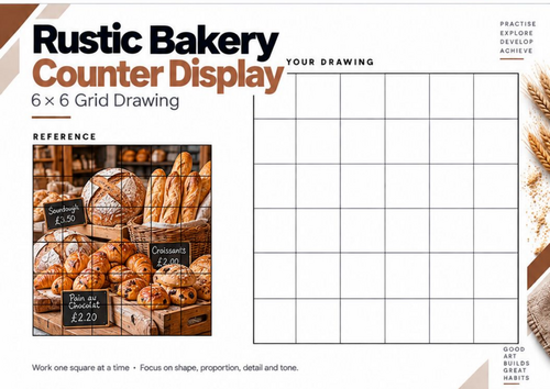 Rustic Bakery Counter Grid Drawing Worksheet | KS3 & KS4 Art | Detailed Still Life
