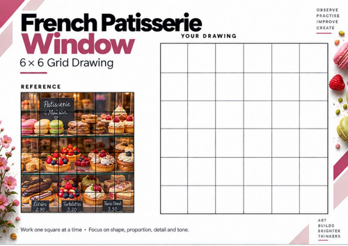 French Patisserie Window Grid Drawing Worksheet | KS3 & KS4 Art | Detailed Drawing