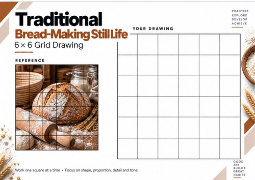 Traditional Bread Making Grid Drawing Worksheet | KS3 & KS4 Art | Still Life Drawing