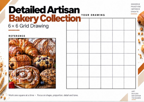 Artisan Bakery Collection Grid Drawing Worksheet | KS3 & KS4 Art | Food Still Life