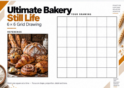 Ultimate Bakery Still Life Grid Drawing Worksheet | KS3 & KS4 Art | Advanced Drawing