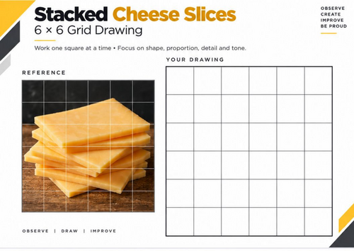 Stacked Cheese Slices Grid Drawing Worksheet | Shape & Form | KS3 & KS4 Art