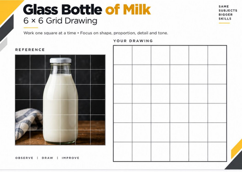 Glass Bottle of Milk Grid Drawing Worksheet | Glass & Reflections | KS3 & KS4 Art