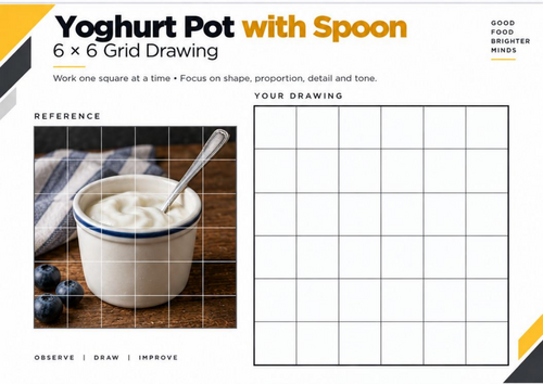 Yoghurt Pot with Spoon Grid Drawing Worksheet | Still Life Drawing | KS3 & KS4 Art