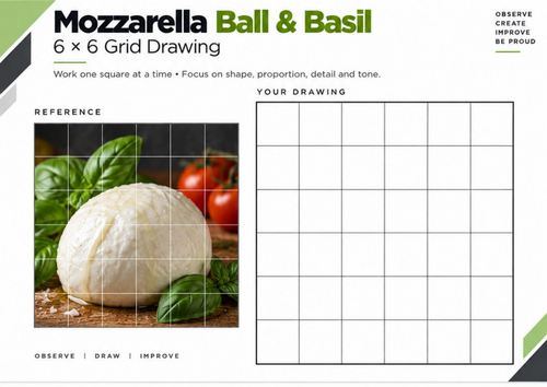 Mozzarella Ball & Basil Grid Drawing Worksheet | Organic Shapes | KS3 & KS4 Art