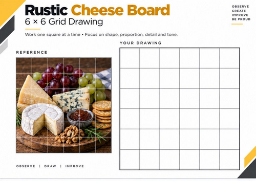 Rustic Cheese Board Grid Drawing Worksheet | Food Still Life | KS3 & KS4 Art