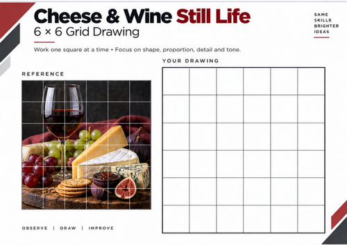 Cheese & Wine Still Life Grid Drawing Worksheet | Composition & Tone | KS3 & KS4 Art
