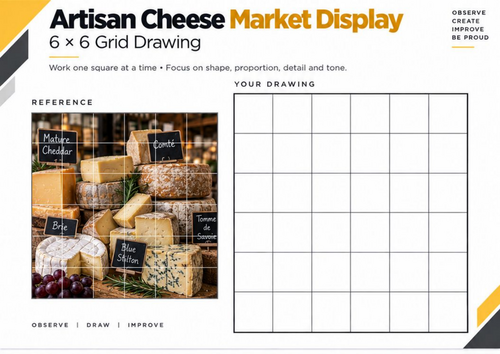 Artisan Cheese Market Display Grid Drawing Worksheet | Detailed Still Life | KS3 & KS4 Art