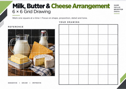Milk, Butter & Cheese Grid Drawing Worksheet | Dairy Still Life | KS3 & KS4 Art