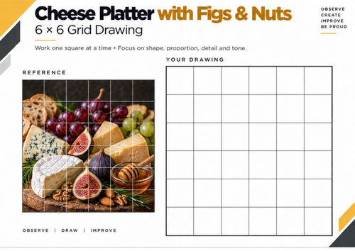 Cheese Platter with Figs & Nuts Grid Drawing Worksheet | Food Still Life | KS3 & KS4 Art