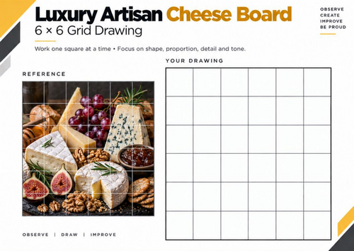 Luxury Artisan Cheese Board Grid Drawing Worksheet | Detailed Food Still Life | KS3 & KS4 Art