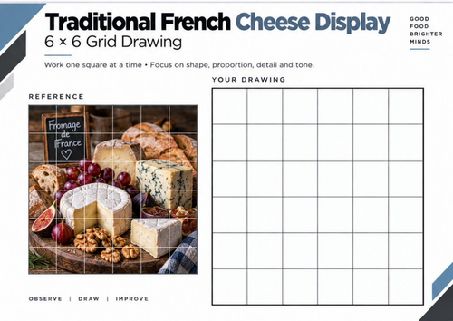 Traditional French Cheese Display Grid Drawing Worksheet | Still Life | KS3 & KS4 Art