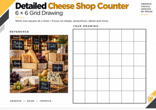 Detailed Cheese Shop Counter Grid Drawing Worksheet | Perspective & Detail | KS3 & KS4 Art