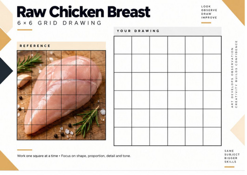 Raw Chicken Breast Grid Drawing Worksheet | Food Photography Observational Drawing | KS3 & KS4 Art