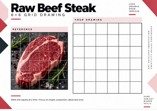 Raw Beef Steak Grid Drawing Worksheet | Food Texture & Observational Drawing | KS3 & KS4 Art