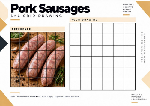 Pork Sausages Grid Drawing Worksheet | Food Photography & Texture Drawing | KS3 & KS4 Art