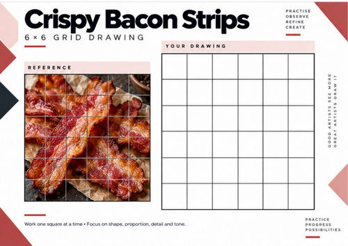Crispy Bacon Strips Grid Drawing Worksheet | Food Texture & Tonal Drawing | KS3 & KS4 Art