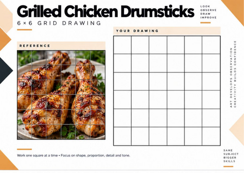 Grilled Chicken Drumsticks Grid Drawing Worksheet | Food Texture Drawing | KS3 & KS4 Art