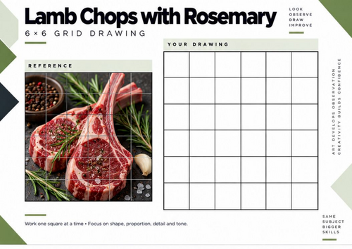 Lamb Chops with Rosemary Grid Drawing Worksheet | Food Still Life | KS3 & KS4 Art