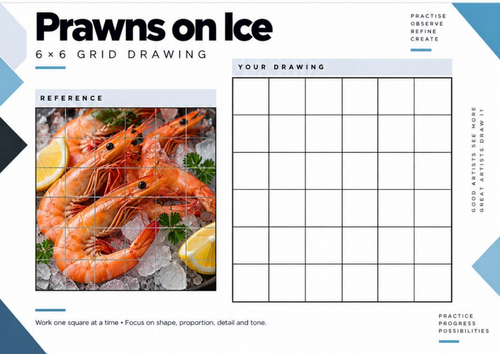 Prawns on Ice Grid Drawing Worksheet | Seafood Observational Drawing | KS3 & KS4 Art