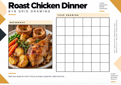 Roast Chicken Dinner Grid Drawing Worksheet | Food Still Life & Observational Drawing | KS3 & KS4