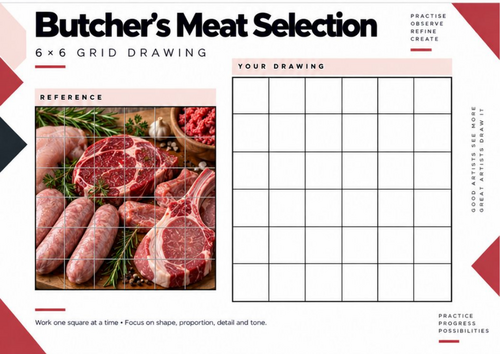Butcher's Meat Selection Grid Drawing Worksheet | Food Still Life & Texture Drawing | KS3 & KS4 Art