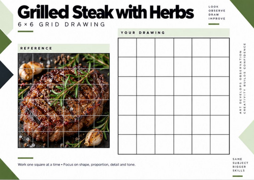 Grilled Steak with Herbs Grid Drawing Worksheet | Food Texture & Tonal Drawing | KS3 & KS4 Art