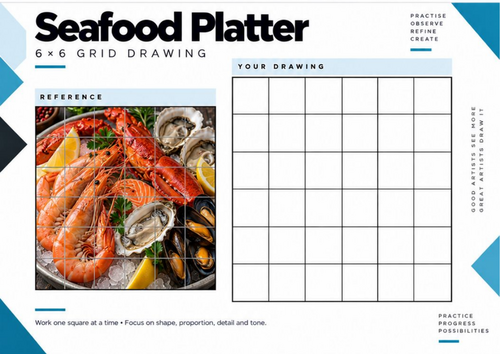 Seafood Platter Grid Drawing Worksheet | Detailed Food Still Life & Texture Drawing | KS3 & KS4 Art