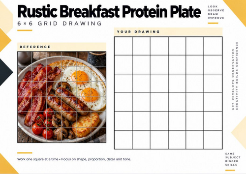 Rustic Breakfast Protein Plate Grid Drawing Worksheet | Food Still Life | KS3 & KS4 Art