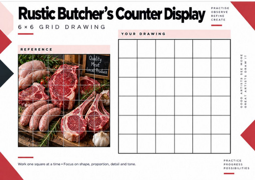 Rustic Butcher's Counter Display Grid Drawing Worksheet | Food Still Life | KS3 & KS4 Art