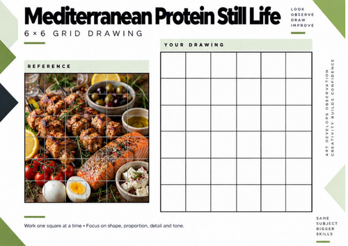 Mediterranean Protein Still Life Grid Drawing Worksheet | Food Photography | KS3 & KS4 Art