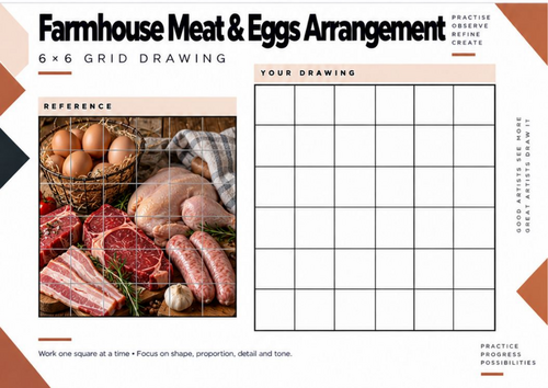Farmhouse Meat & Eggs Grid Drawing Worksheet | Rustic Food Still Life | KS3 & KS4 Art