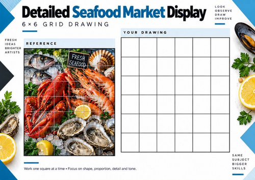 Detailed Seafood Market Display Grid Drawing Worksheet | Seafood Still Life | KS3 & KS4 Art
