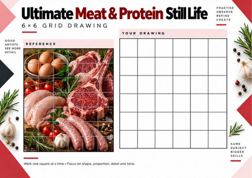 Ultimate Meat & Protein Still Life Grid Drawing Worksheet | Detailed Food Drawing | KS3 & KS4 Art